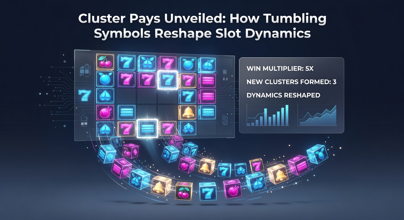 Close-up of a slot grid mid-tumble with exploding symbol clusters and rising multipliers