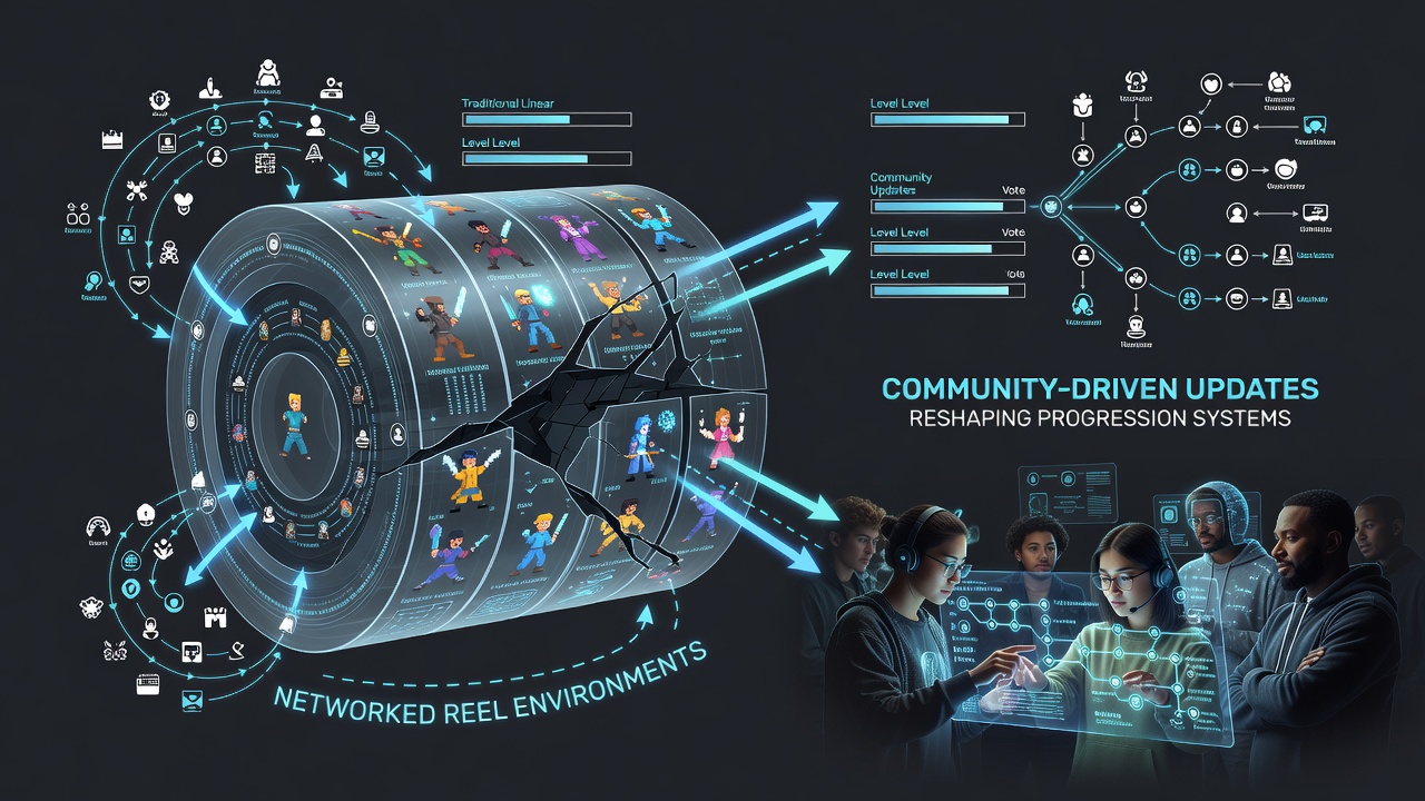Networked reel environments showing community feedback integration into progression mechanics
