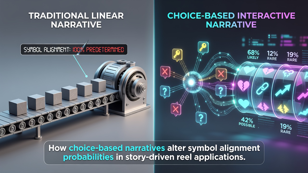 Interactive reel interface showing narrative choice options influencing symbol alignments in a story-driven mobile slot application