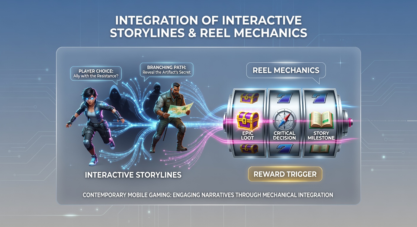 Mobile gaming screen displaying interactive storyline choices overlaid on spinning reel symbols in a contemporary slot application