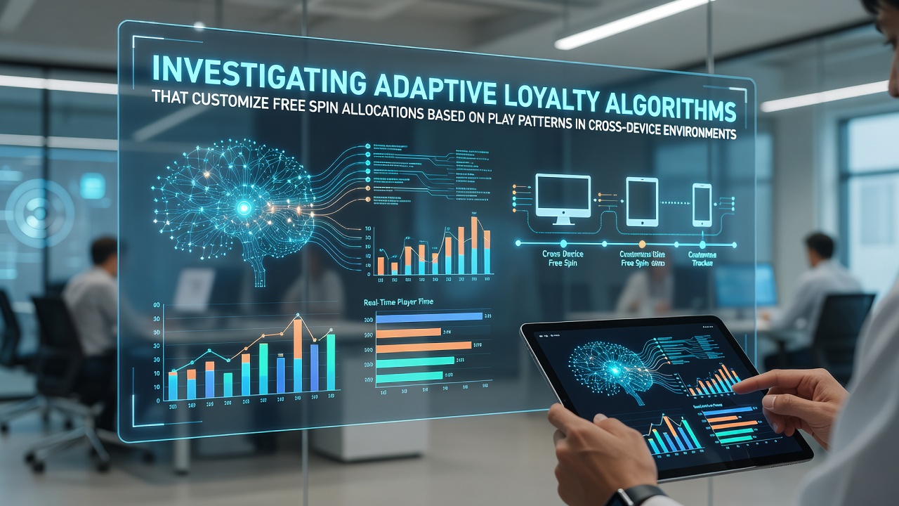 Diagram showing adaptive loyalty algorithm flow across mobile, tablet, and desktop devices with free spin allocation based on player patterns