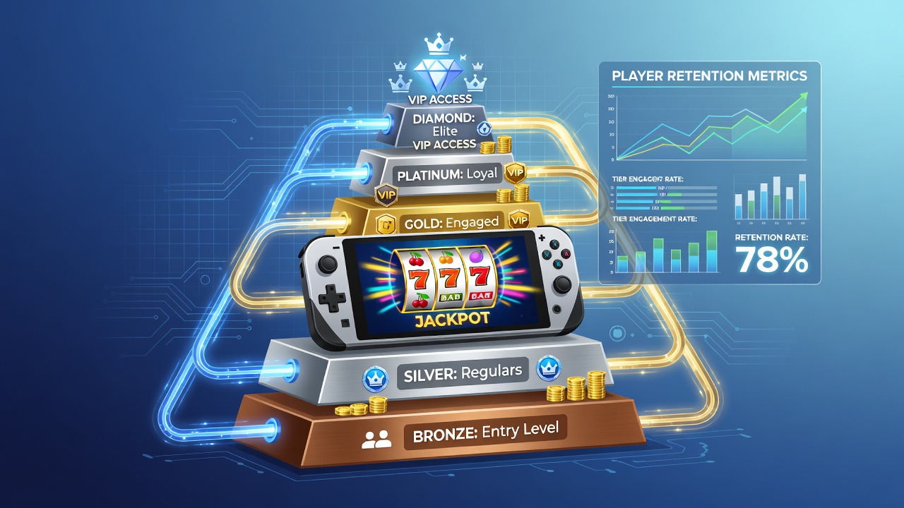 Tiered loyalty dashboard displayed on a handheld gaming device showing bronze, silver, and gold progression bars alongside reel bonus indicators