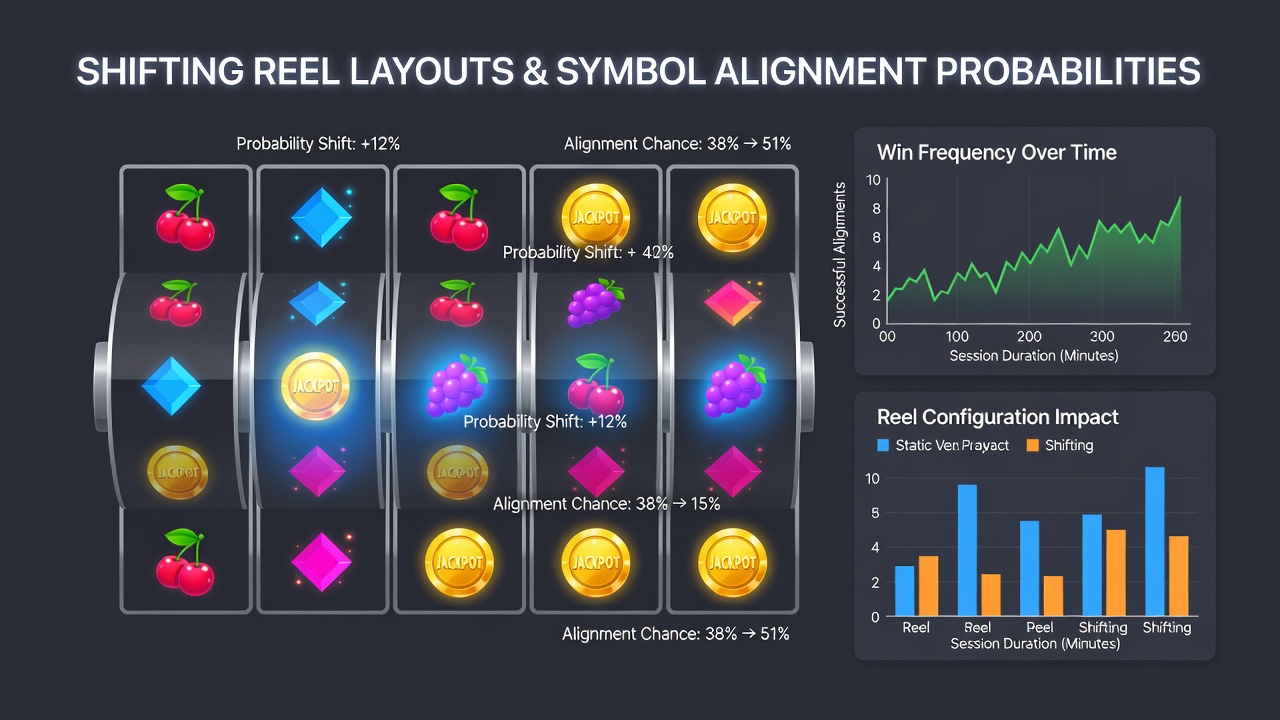 Chart displaying probability fluctuations for symbol alignments across thousands of spins in shifting reel configurations