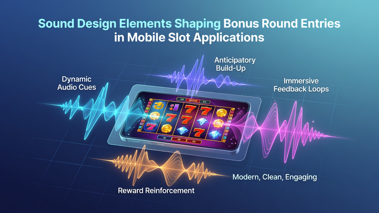 Mobile slot screen displaying bonus round entry with layered audio waveform overlays and animated reel symbols