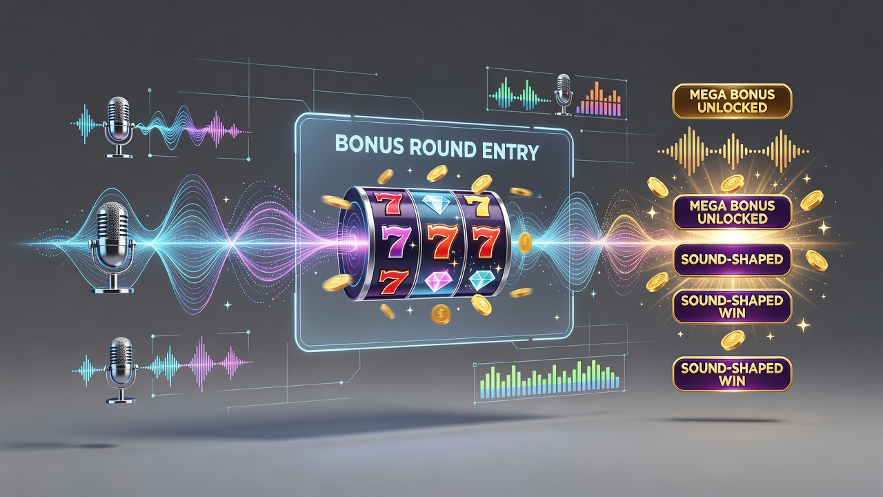 Close-up view of mobile slot bonus round interface with highlighted sound design elements and reel animations